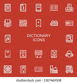 Editable 22 dictionary icons for web and mobile. Set of dictionary included icons line Book, Abc, Books, Bookmark, Audiobook, Magazine, Bookshelf on red background