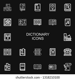 Editable 22 dictionary icons for web and mobile. Set of dictionary included icons line Abc, Book, Magazine, Audiobook, Books, Library, Literature on black background