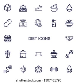 Editable 22 diet icons for web and mobile. Set of diet included icons line Sugar, Mass, Fitness, Bowls, Chestnut, Peanut, Watermelon, Powder, Salad, Hamburguer on white background