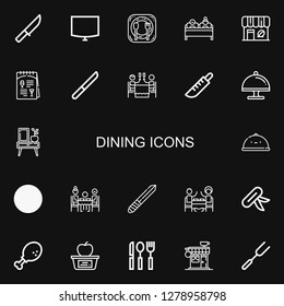 Editable 22 dining icons for web and mobile. Set of dining included icons line Knife, Night stand, Restaurant, Double bed, Coffee shop, Menu, Romantic dinner on black background