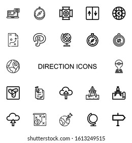 Editable 22 direction icons for web and mobile. Set of direction included icons line Tracking, Compass, Spotlight, Elevator, Globe, Strategy, Path, Earth globe on white background