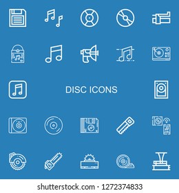 Editable 22 disc icons for web and mobile. Set of disc included icons line Diskette, Music, DJ, Cd, Brake, Vinyl, Parabolic, Turntable, Hard disk, Floppy disk on blue background