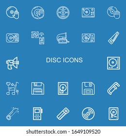 Editable 22 disc icons for web and mobile. Set of disc line icons DJ, Dj music, Cd, Turntable, Vinyl, Music, Phonograph, Saw, Parabolic, Diskette, Hard disc on blue background