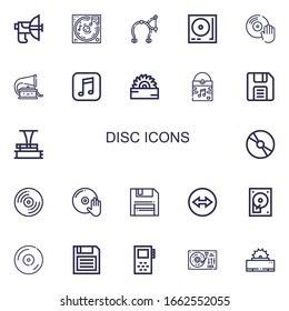 Editable 22 iconos de disco para web y móvil. Conjunto de discos incluidos íconos línea Parabólica, Música, Freno, Tornable, Vinyl, Fonógrafo, Saw, Diskette, Cd, Grabar en fondo blanco