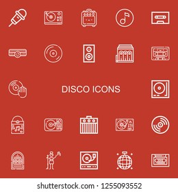 Editable 22 disco icons for web and mobile. Set of disco included icons line Karaoke, Turntable, Amplifier, Quaver, Cassette, Vinyl, Woofer, Philharmonic, Jukebox on red background