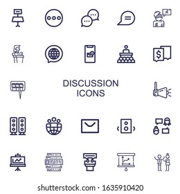Editable 22 discussion icons for web and mobile. Set of discussion included icons line Table, Message, Chat, Answer, Speech, Conference, Question, Speaker on white background