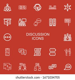 Editable 22 discussion icons for web and mobile. Set of discussion included icons line Meeting, Table, Commentator, Speaker, Question, Presentation, Conference on red background