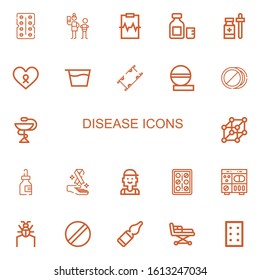 Editable 22 disease icons for web and mobile. Set of disease included icons line Antibiotic, Neglect, Cardiogram, Syrup, Medicine, Cancer, Stretcher, Pills on white background