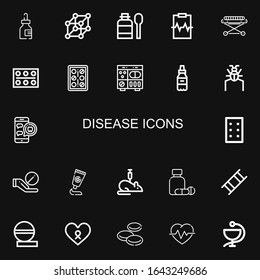 Editable 22 disease icons for web and mobile. Set of disease included icons line Medicine, Cells, Syrup, Cardiogram, Stretcher, Pills, Parasite, Medical appointment on black background