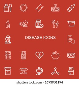Editable 22 disease icons for web and mobile. Set of disease included icons line Syrup, Platelet, Stretcher, Pressure, Vials, Medicine, Pill, Neglect, Checker on red background