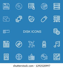 Editable 22 disk icons for web and mobile. Set of disk included icons line Diskette, Vinyl, Server, Dj music, Tetris, Hidrive, Circular saw, Usb, Saw, Compact disc on blue background
