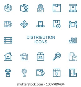 Editable 22 distribution icons for web and mobile. Set of distribution included icons line Package, Delivery, Conveyor, Box, Move, Warehouse, Logistics on white background