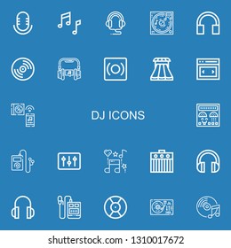 Editable 22 dj icons for web and mobile. Set of dj included icons line Audio, Music, Headphones, Vinyl, Headphone, Record, Sliders, Slider, Control panel, DJ on blue background