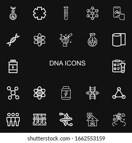 Editable 22 dna icons for web and mobile. Set of dna included icons line Transgenics, Clinic, Lab, Molecule, Pharmacy, Genetic, Atom, Scientist, Insemination on black background