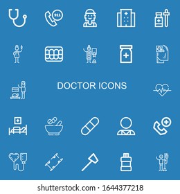 Editable 22 doctor icons for web and mobile. Set of doctor included icons line Stethoscope, Emergency call, Checker, Hospital, Medicine, Nurse, Denture, Veterinarian on blue background