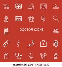 Editable 22 íconos médicos para web y móvil. El conjunto de médicos incluye íconos de línea Ambulancia, Denture, Ultrasonido, Prueba de Sangre, Doctor, Pills, Técnico de Laboratorio, Donación de Sangre sobre fondo rojo