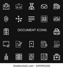 Editable 22 document icons for web and mobile. Set of document included icons line Briefcase, Suitcase, Graduation, Inbox, Notepad, Send data, Vector, Align left on black background