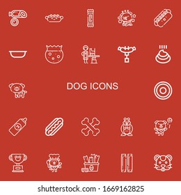 Editable 22 dog icons for web and mobile. Set of dog included icons line Sausage, Hot dog, Snack, Bowl, Veterinarian, Poo, Frisbee, Mustard, Bones, Hamster on red background