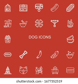 Editable 22 iconos de perro para web y móvil. Conjunto de perros incluidos íconos: jaula de pájaros, veterinaria, collar, Hot dog, Snack, Bowl, huesos, salchicha, maloik, bolas sobre fondo rojo