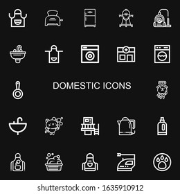 Editable 22 domestic icons for web and mobile. Set of domestic included icons line Apron, Toaster, Refrigerator, Cooker, Vacuum, Sink, Washing machine, Veterinary on black background