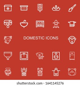 Editable 22 domestic icons for web and mobile. Set of domestic included icons line Fridge, Laundry basket, Water heater, Sink, Broomstick, Collar, Microwave on red background