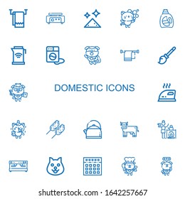 Editable 22 domestic icons for web and mobile. Set of domestic included icons line Towel, Crepe maker, Dust, Kitty, Detergent, Kettle, Washing machine, Dog on white background