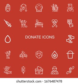 Editable 22 donate icons for web and mobile. Set of donate included icons line Blood donation, Charity, Donor, Blood, Gurney, Blood bag, drop, Shelter on red background