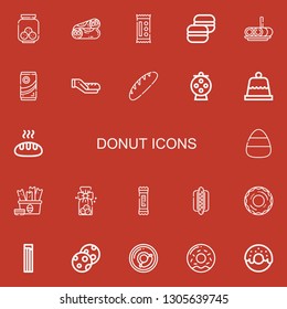 Editable 22 donut icons for web and mobile. Set of donut included icons line Cookies, Burrito, Candy, Macaron, Roll cake, Chocolate, Bread, Dessert, Snack, Hotdog on red background