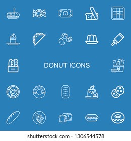 Editable 22 donut icons for web and mobile. Set of donut included icons line Roll cake, Candy, Bread, Waffle, Pudding, Sandwich, Sweets, Jelly, Snack, Breakfast on blue background