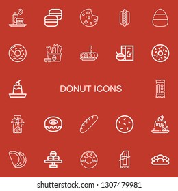 Editable 22 donut icons for web and mobile. Set of donut included icons line Fast food, Macaron, Cookie, Hotdog, Candy, Donut, Snack, Roll cake, Breakfast, Doughnut on red background