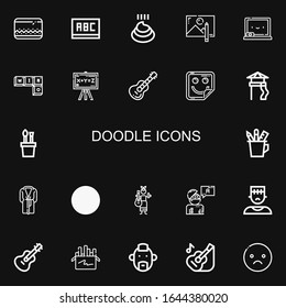 Editable 22 doodle icons for web and mobile. Set of doodle included icons line Pencil case, Blackboard, Poo, Drawing, Chalkboard, Scribble, Guitar, Sticker on black background