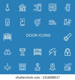 Editable 22 door icons for web and mobile. Set of door included icons line Bell, Wood house, Lockers, Safe deposit, Frappe, Keyhole, Freezer, House, Doorman on blue background