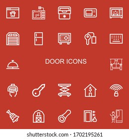 Iconos editables de 22 puertas para web y móvil. Conjunto de puertas incluidas línea de iconos Página de inicio, Microondas, Frigorífico, Garaje, Caja fuerte, Sala de llaves, Keypad, Campana, Ventana, Manejo sobre fondo rojo