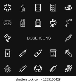Editable 22 dose icons for web and mobile. Set of dose included icons line Medicine, Pills, Drug, Drugs, Syringe, Vaccine, Painkiller, Vials, Needle on black background