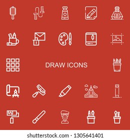 Editable 22 draw icons for web and mobile. Set of draw included icons line Brush, Skipping rope, Paint tube, Edit, Inkwell, Pencil case, Erase, Palette, d printer on red background