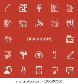Editable 22 draw icons for web and mobile. Set of draw included icons line Picker, Crayons, Paint brush, Painting, Sharpener, Artist, Palette, Paint roller, Paint on red background