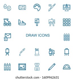 Editable 22 draw icons for web and mobile. Set of draw included icons line Runes, Eraser, Paint palette, Brush, d model, Roller, Penknife, Paint brush, Canvas on white background