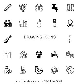 Editable 22 iconos de dibujo para web y móvil. Conjunto de planos incluidos iconos línea Termómetro, Huevo, Mariposa, Faucet, Locomotora, d anteojos, Estrellas, Pear, Pincel sobre fondo blanco