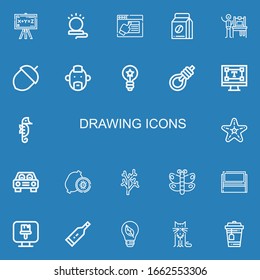 Editable 22 drawing icons for web and mobile. Set of drawing included icons line Chalkboard, Lamp, Design, Coffee beans, d printing, Acorn, Punk, Idea, Gallows on blue background