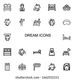 Editable 22 dream icons for web and mobile. Set of dream included icons line Bed, Hippie, Unicorn, Eye mask, Lullaby, Bedtime, Sleeping mask, Superhero, Mattress on white background