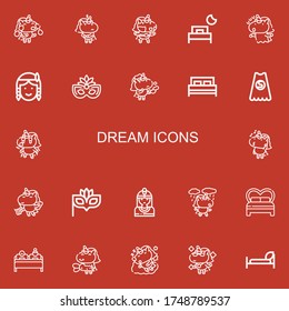 Editable 22 Dream Icons For Web And Mobile. Set Of Dream Included Icons Line Unicorn, Bed, Native American, Eye Mask, Superhero, Double Bed On Red Background