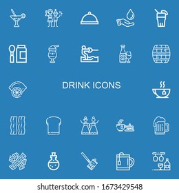 Editable 22 drink icons for web and mobile. Set of drink included icons line Martini, Christmas party, Dinner, Save water, Drink, Baby food, Milkshake, Water ski on blue background