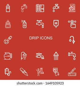 Editable 22 iconos de goteo para web y móvil. Conjunto de goteo incluido íconos línea de dosificador de ojos, grifo de agua, graffiti, grifo, máquina de café, tinta, spray de pintura, transfusión de sangre sobre fondo rojo