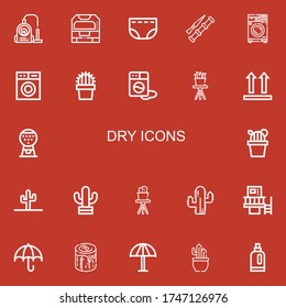 Editable 22 dry icons for web and mobile. Set of dry included icons line Vacuum, Machine, Diaper, Spike, Washing machine, Cactus, Side up, Umbrella, Log, Detergent on red background