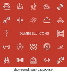 Editable 22 dumbbell icons for web and mobile. Set of dumbbell included icons line Dumbbell, Fitness, Weight plates, Gym, Barbell, Weightlifting, Weight, Chest expander on red background