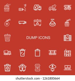 Editable 22 dump icons for web and mobile. Set of dump included icons line Dynamite, Garbage truck, Cement truck, Cargo truck, Recycling bin, Poo, Garbage, Dinamite on red background