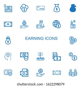 Editable 22 earning icons for web and mobile. Set of earning included icons line Money, Funds, Cheque, Coin, Money bag, Coins, Sign on white background