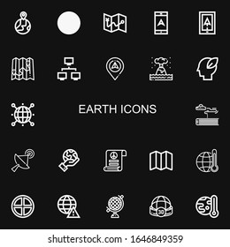 Bearbeitbare 22 Erdsymbole für Web und Mobile. Der Satz der Erde enthält Symbole der Linie Erde Globus, Recycling, Karte, Navigation, Netzwerk, Eruption, Ökologie, Welt, Science-Fiction auf schwarzem Hintergrund