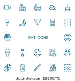 Editable 22 eat icons for web and mobile. Set of eat included icons line Cutting board, Hot dog, Tandoor, Meat, Candy, Spatula, Rest area, Pizza, Sandwich on white background