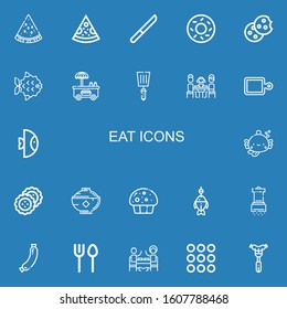 Editable 22 eat icons for web and mobile. Set of eat included icons line Watermelon, Pizza, Knife, Bagel, Cookie, Fish, Hot dog, Spatula, Lunch, Cutting board on blue background